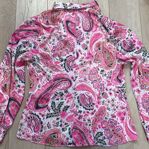 Zara Pink Paisley Print Satin Button Front Collared Shirt, sz L - Picture 4 of 13